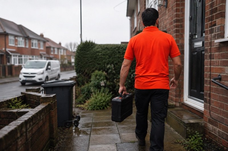 Illustration of a technician walking up a front path with a tool case, a van parked on the street behind.