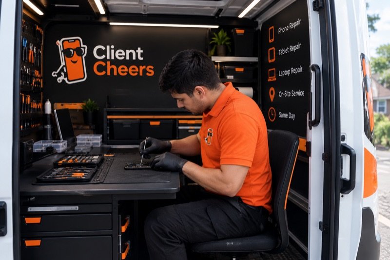 Illustration of a technician working on an opened phone at a fitted bench inside a van, parts drawers and tools beside him.