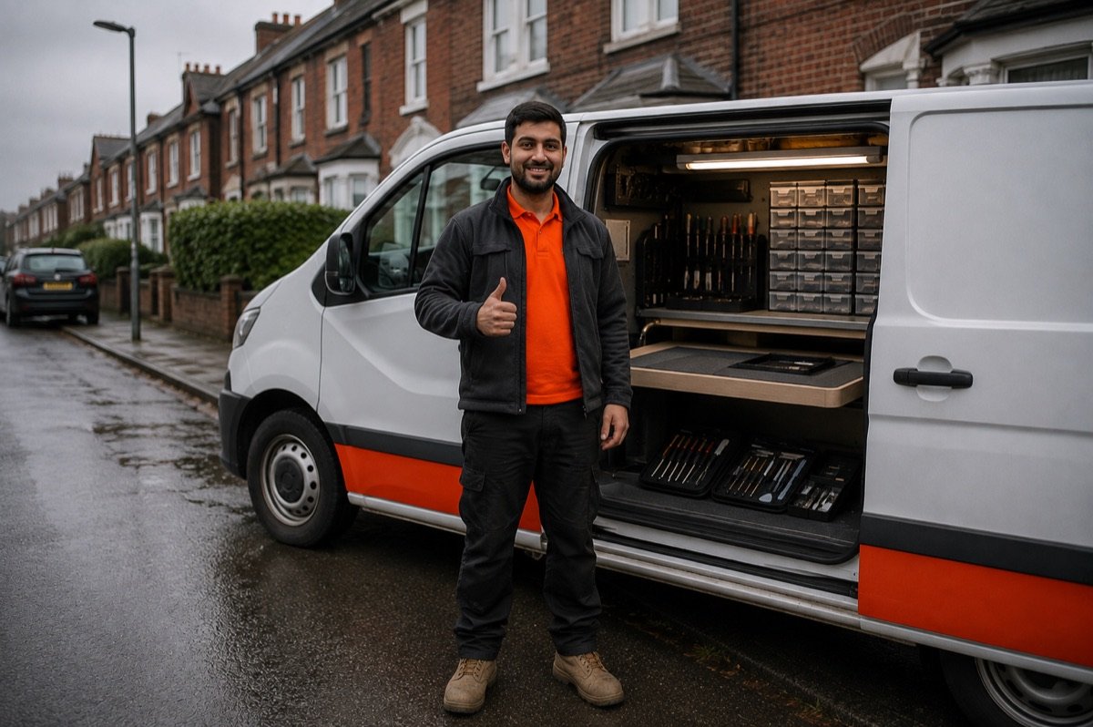 Illustration of a technician beside a repair van with the side door open, tool rolls and parts drawers visible inside.
